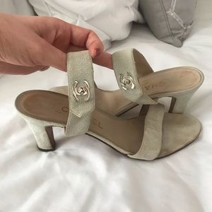 Light Gray authentic Chanel slip-on sandals